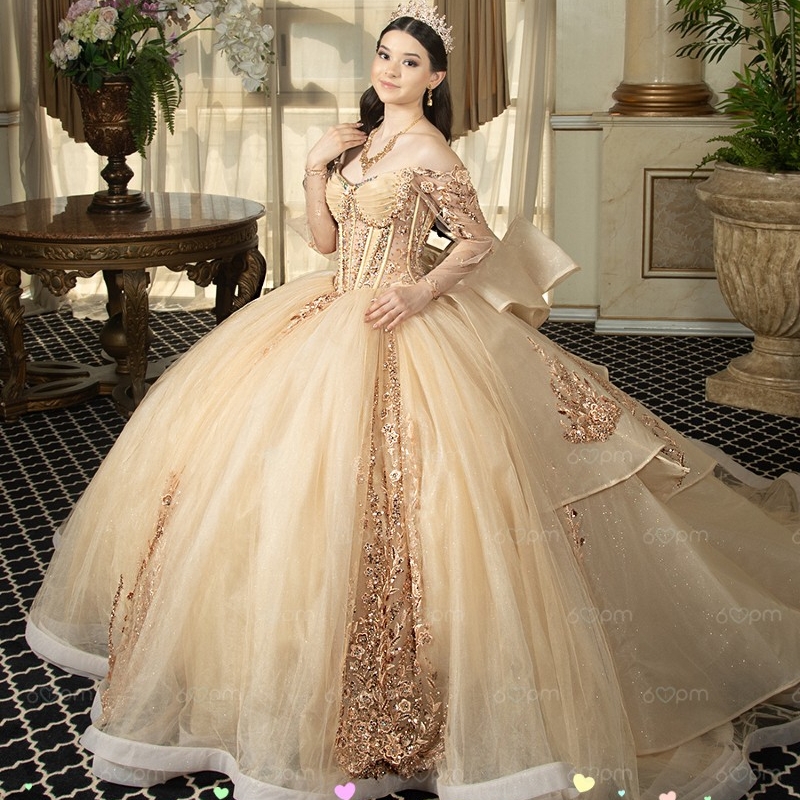 Champagne Shiny Quinceanera Dresses Ball Gown Off The Shoulder Applique Lace Beads Bow Tull Corset Sweet 16 Dress Vestidos 15 Anos