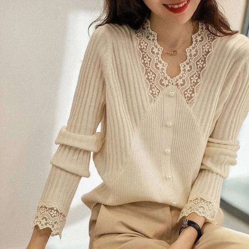 Lace Sweaters for Women Fashion Korean Women's Sweater 2024 Trend Long Sleeve Jumper Knitted Haruku Clothes Crochet Tops Black