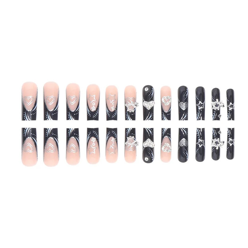 24PCS1BOX Black French Wearing Sweet and Cool Nail Patch Glitter Love Stars in Europe and America Dark Department Fake Nail 250625