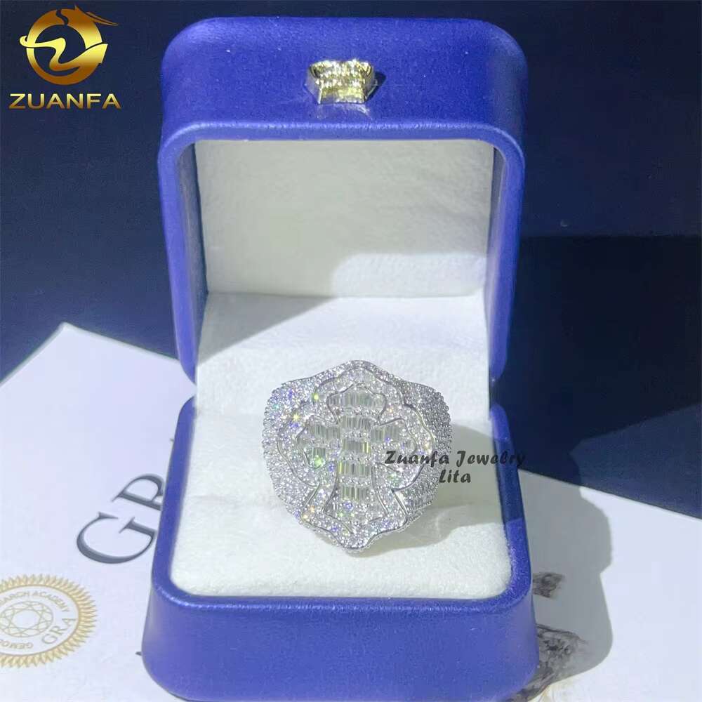 Luxury Fashion Cross Rings 925 Sterling Silver Custom Jewelry Hip Hop Men baguette Diamond Moissanite Ring