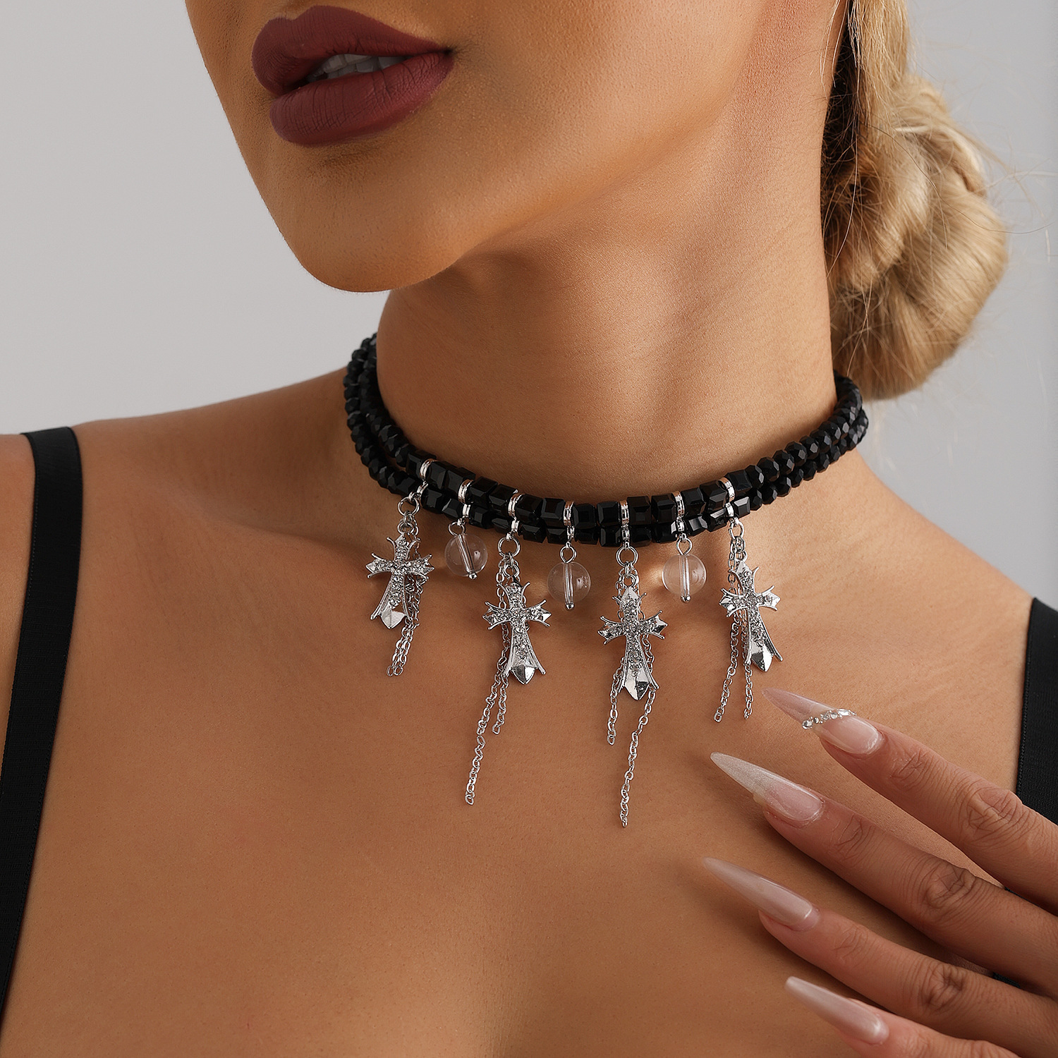 Jewelry INS Inlaid Dia Cross Glass Ball Tassel Collarbone Chain Sweet Cool Girl Style Necklace Jewelry for Women