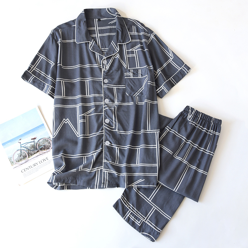 Men's Spring and Autumn Cotton Silk Home Clothes Set, Loose and Casual, Can be worn outside, Thin Short sleeved, Long pants Two piece Set