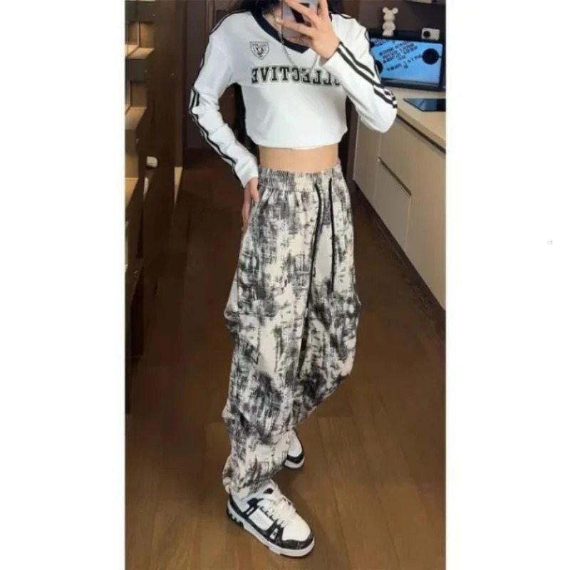men Fashion With Pockets Printed Front Zipper Cargo Pants Vintage High Waist Full Length Female Chic Lady Trousers 250614
