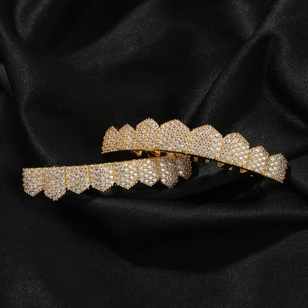 THE BLING KING Mens Micro Paved Cubic Zirconia Gold Plated Top and Bottom Dental Grills Punk Jewelry Hip Hop Teeth Wear 250606