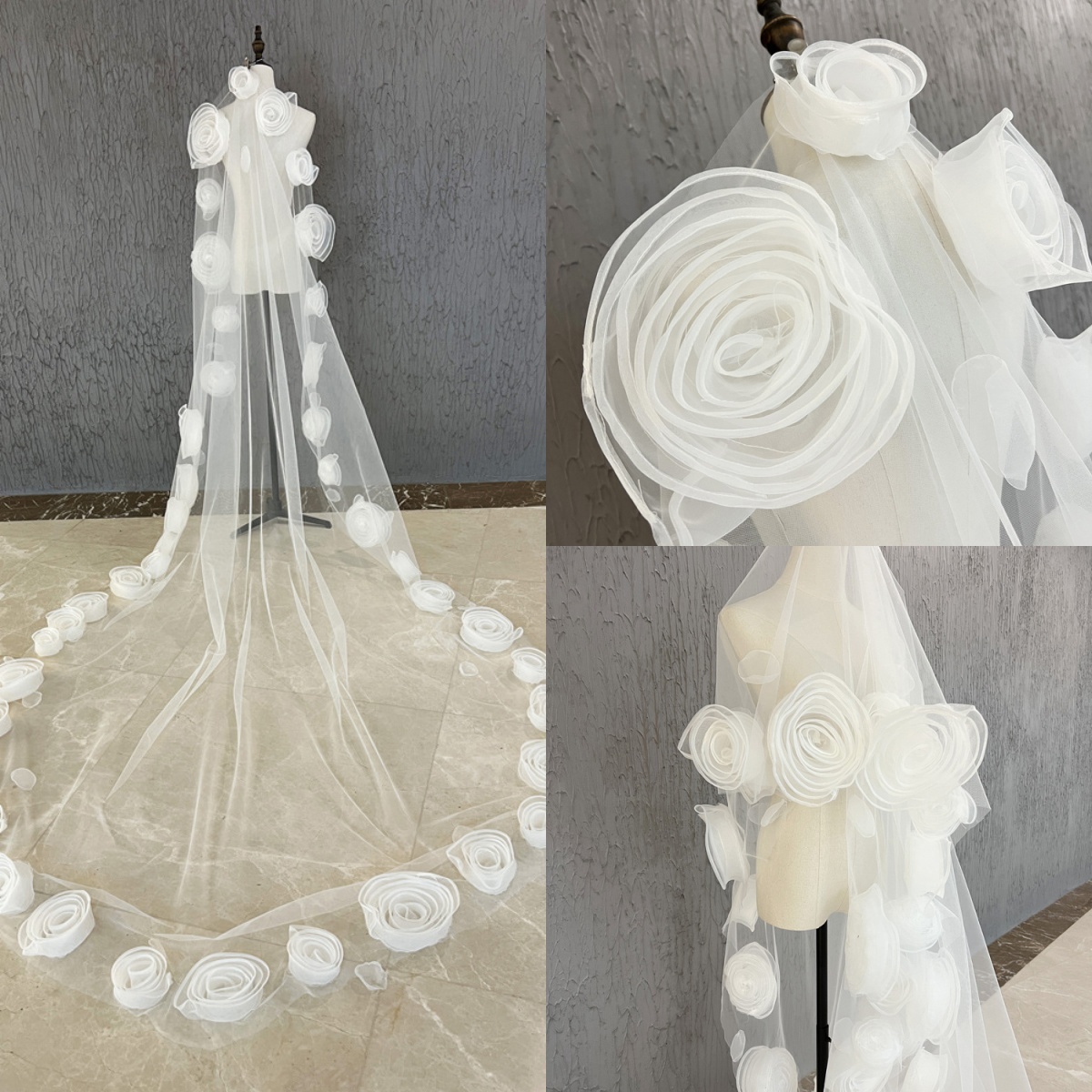 Designer Wedding Veil Handmade Flowers Lace One Layer Cathedral Length Bride Veils Applique Edge For Bridal Customized