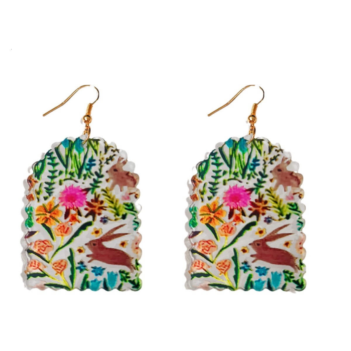 1 Pair of Half Round Earrings with Small Flower, Grass, Rabbit Prints, Transparent Acrylic Material, Elegant, Fashionable, and Exquisite