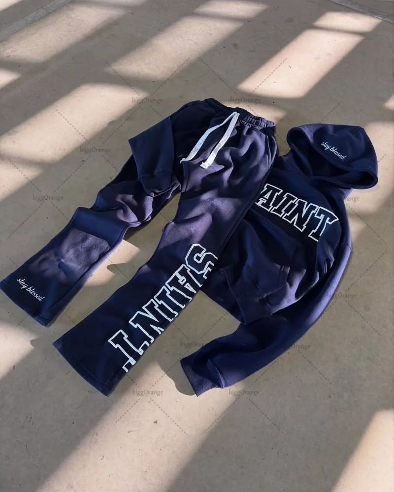 High Street Trendy Retro Letter Print Mens Sportswear Set HipHop Punk Streetwear Hoodie Women Harajuku Casual Loose Sweatpants 250618