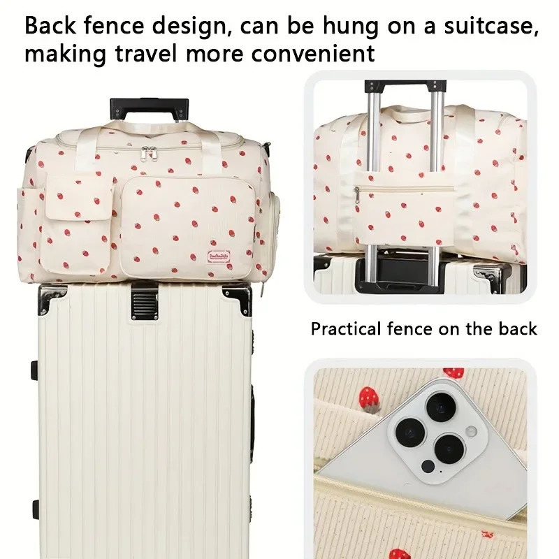 Large Capacity Casual Strawberry Print Duffel Bag with Multiple Compartments - Ideal for Travel Gym and Everyday Use 250624