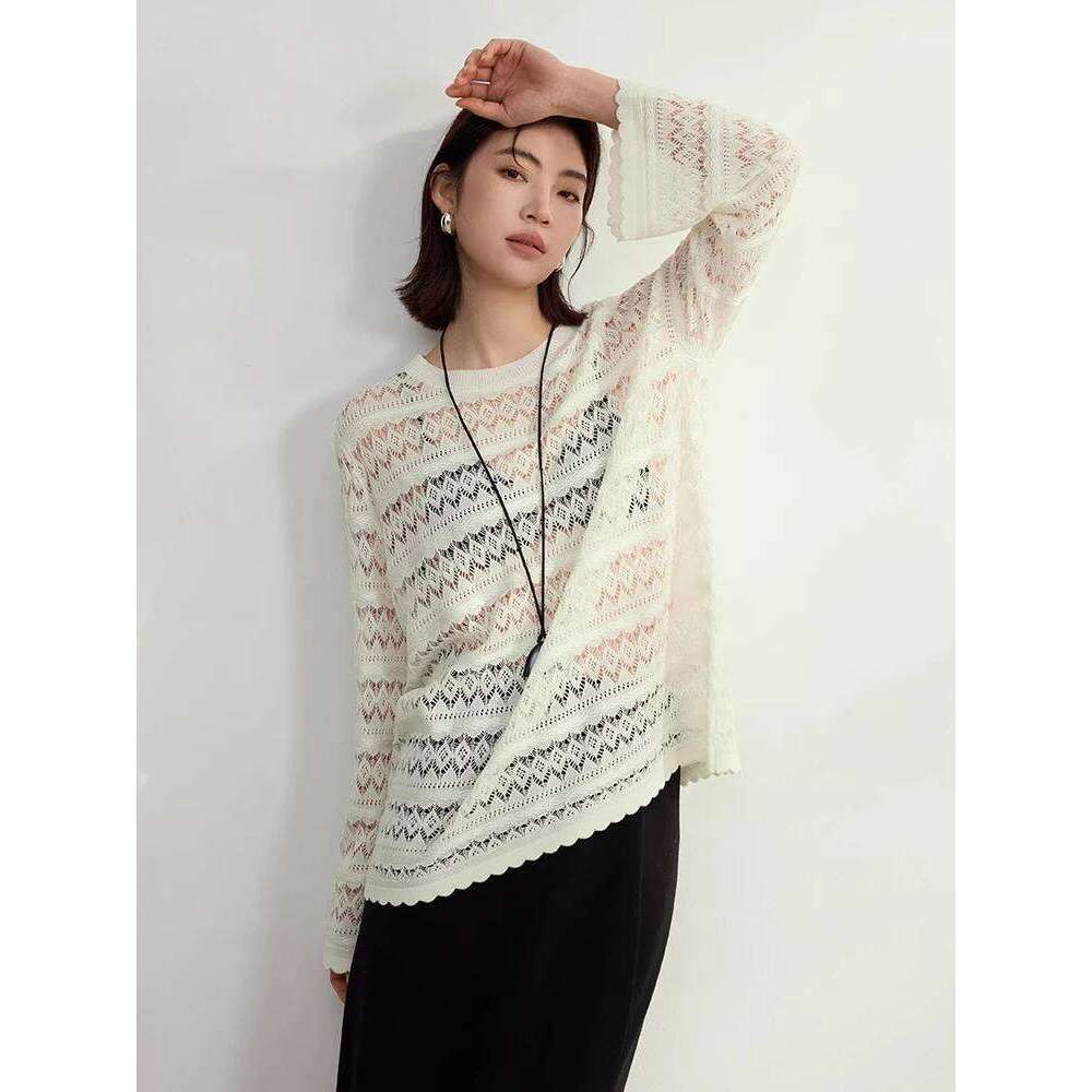 Beige Hollow Out Big Size Knitting Sweater Round Neck Long Sleeve Women Pullovers New Fashion 2025