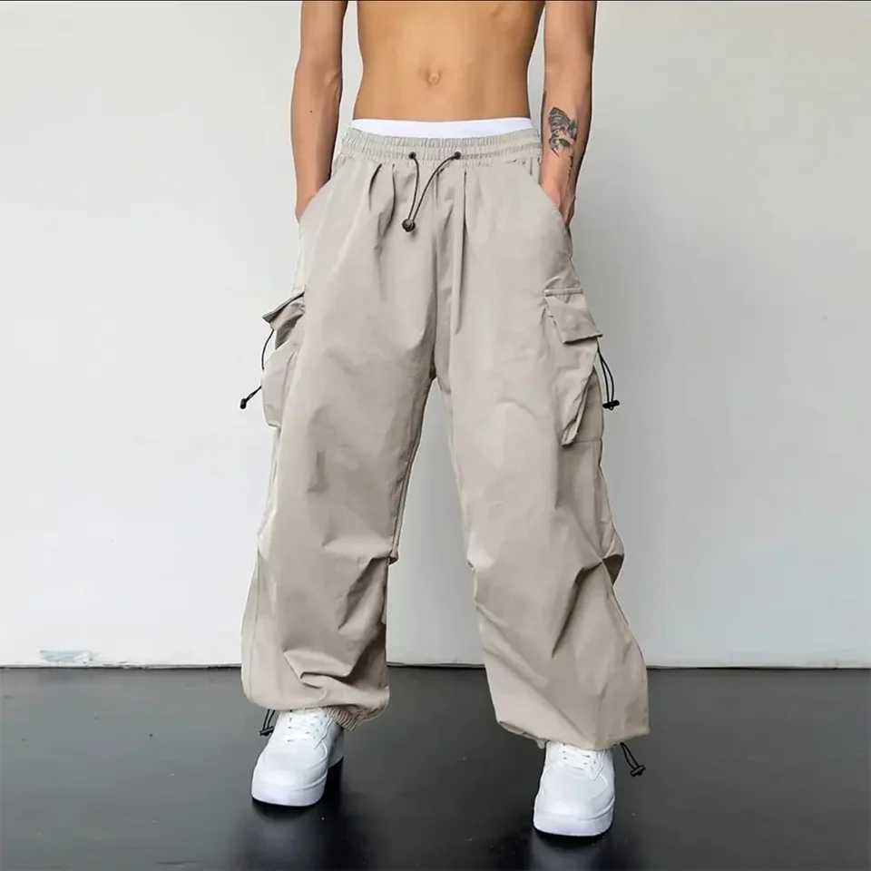 Spring Summer Fashion Casual Pants For Men Streetwear Solid Color Cargo Pants Elastic Waist Wide Leg Harajuku Casual Mens Jogger X250625
