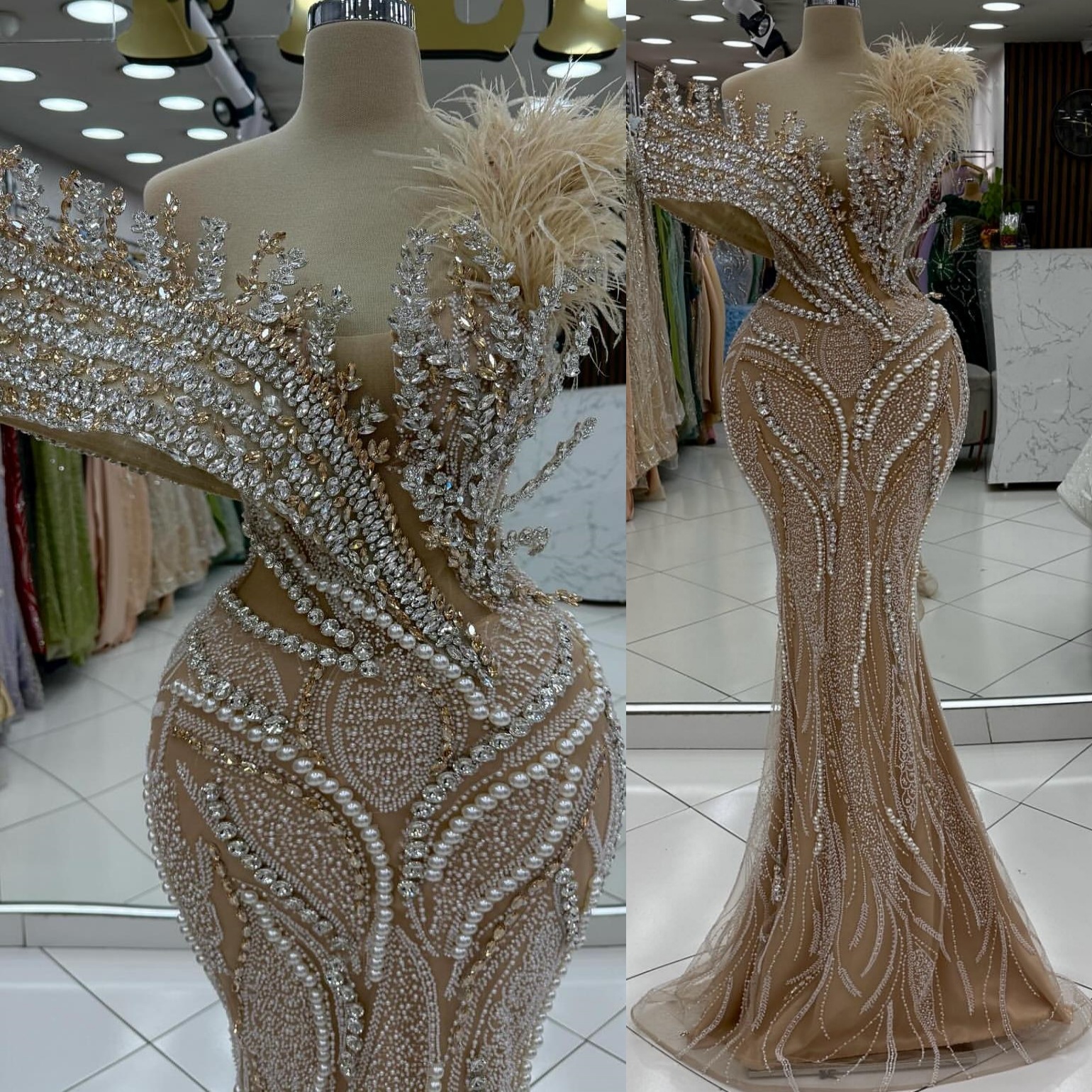 Champagne Mermaid Prom Dresses 2025 Illusion Crystals Feather Evening Formal Party Second Birthday Engagement Gowns Plus Size Dress For Special Occasi