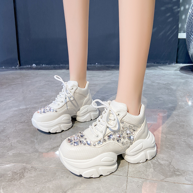 Women's Fashion Casual Vulcanized Shoes Pure White Platform 7.5cm High Heels Light Sports Shoes Diamond Inlaid Luxury Design Height Increase Shoe