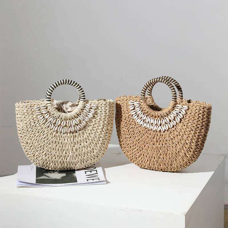 New Fashion MOON Straw Handbags Summer Shell Beach Rattan Bag Handmade Vintage Woven Handbag For Women Bolsa Femme