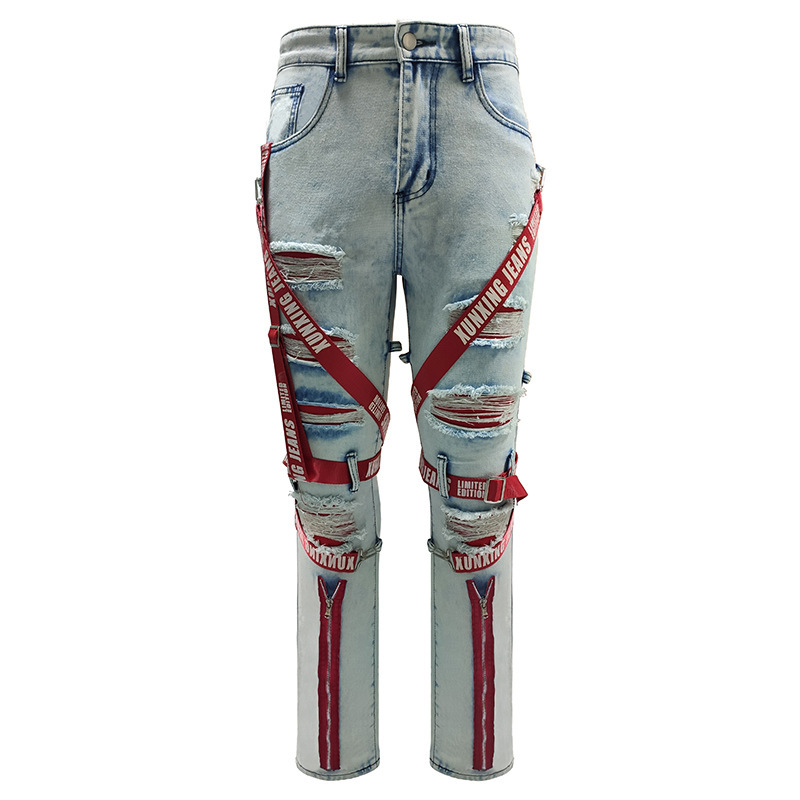 Designer men's jeans are selling well. Fashionable patchwork strap jeans and torn, slim-fit zipper skinny jeans, sweatpants and street jeans