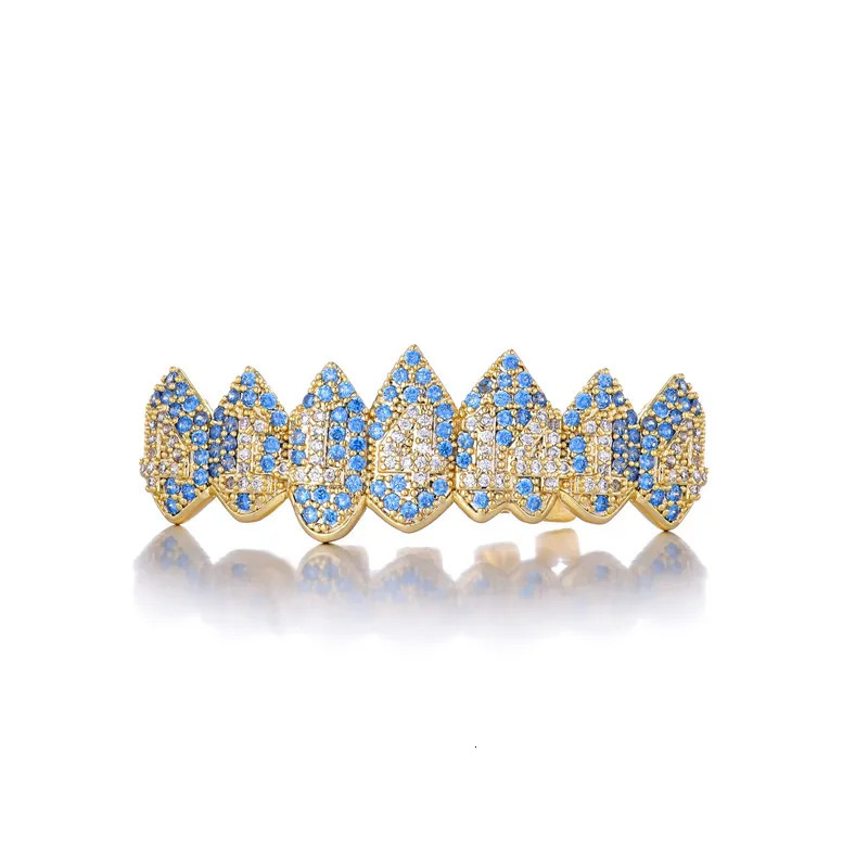 Hip Hop Full CZ Blue Stones Teeth Caps Cubic Zircon Iced Out Micro Pave Top Bottom Charm Grills Set For Men Women Jewelry 250606