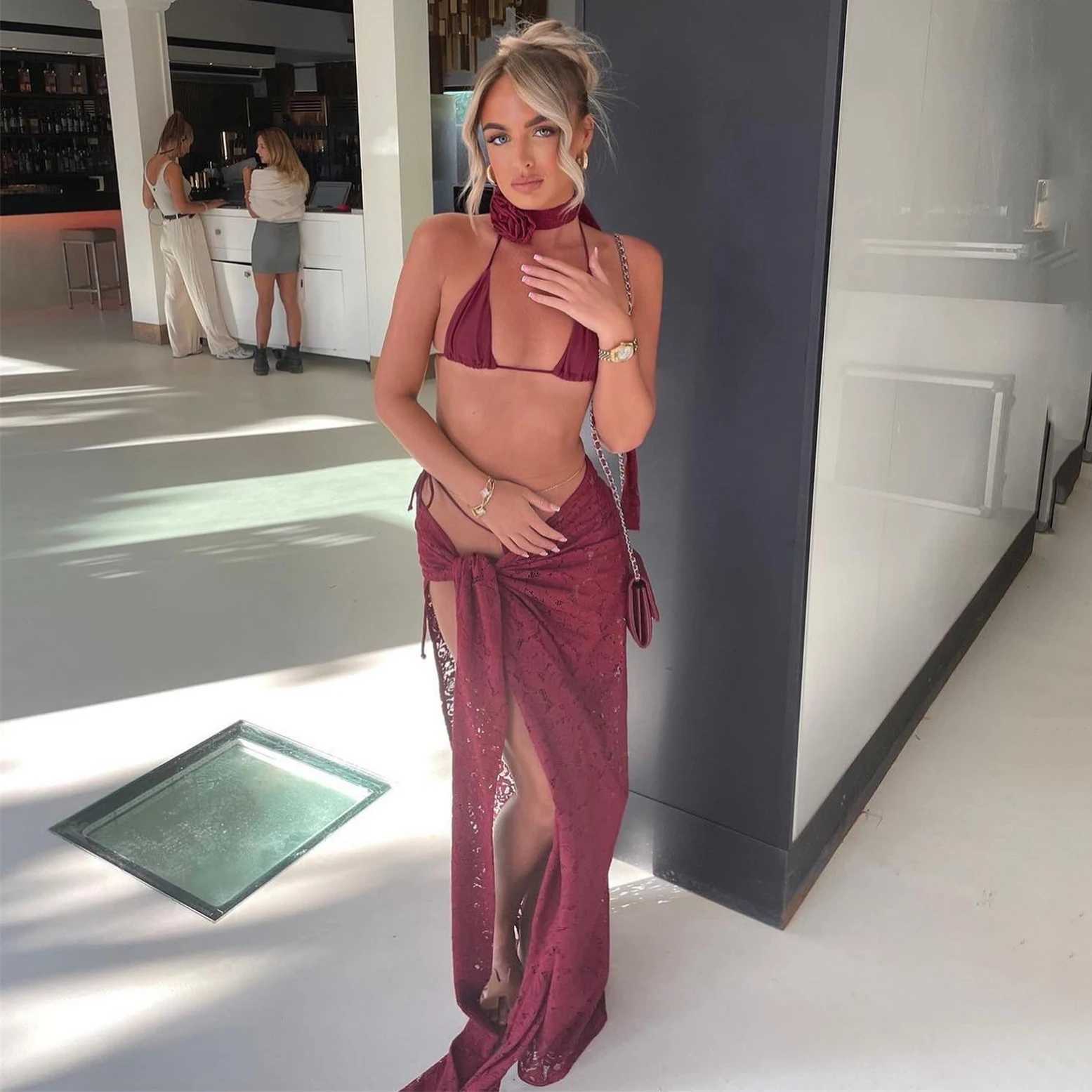 3Packs Flower Bikini With Beach Skirt Lace Up Swimsuit Women Sexy Swimwear Female Crochet Dress Bathing Suits Sarongs Biquini XJ250624