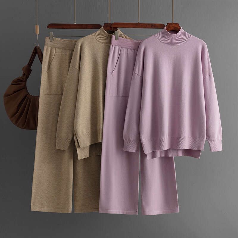 Solid Color Knitted Half Turtleneck Slit for Women 2024 Autumn Winter Fashion Casual Sweater Two-Piece Set