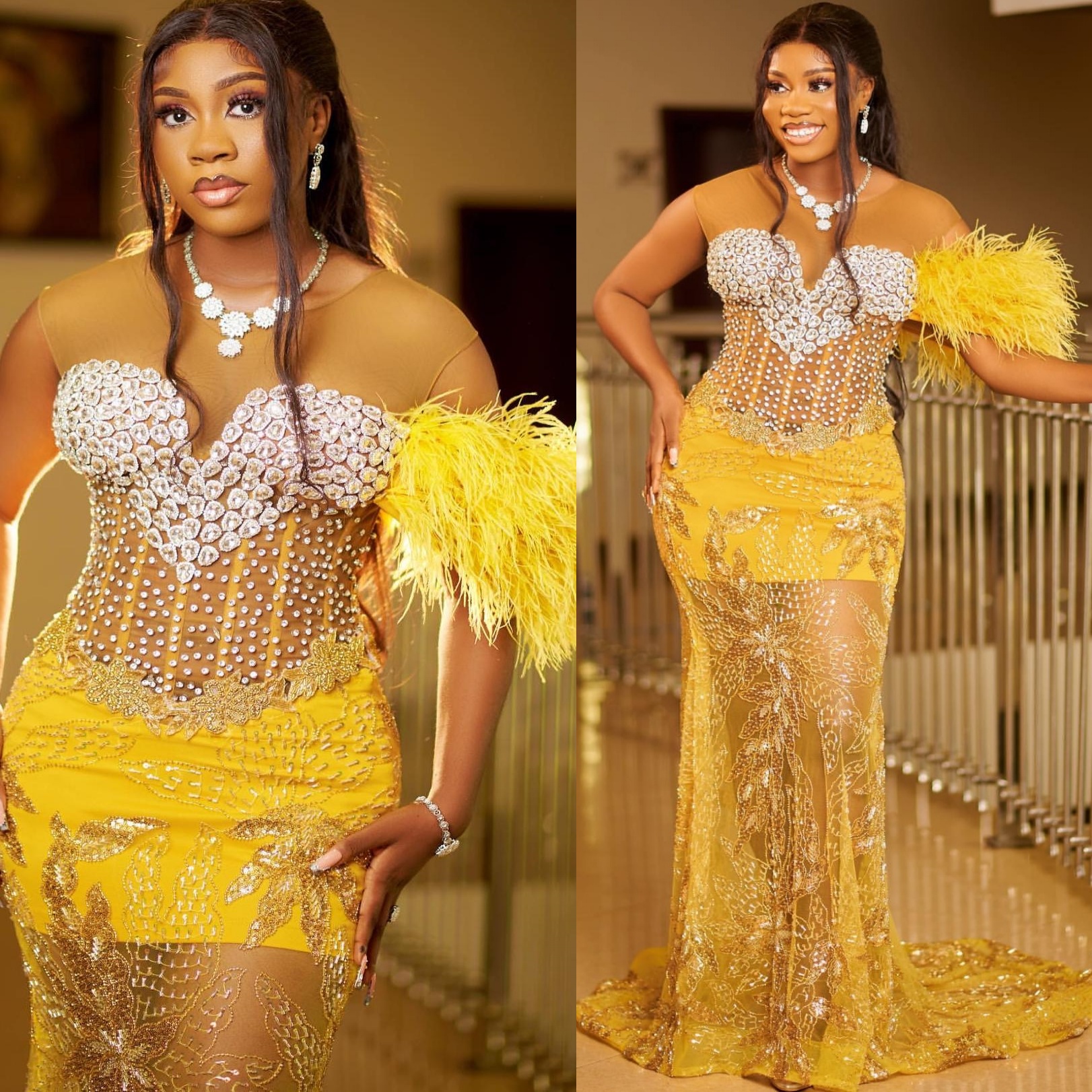 Yellow Mermaid Prom Dresses 2025 Crystals Feather Sequined Sparkly Evening Formal Party Second Birthday Engagement Gowns Plus Size Dress For Special O