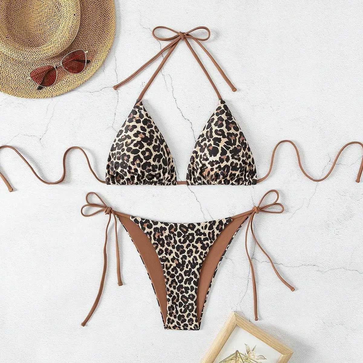 Summer leopard print sexy suspender bikini swimsuit set suitable for women XJ250624