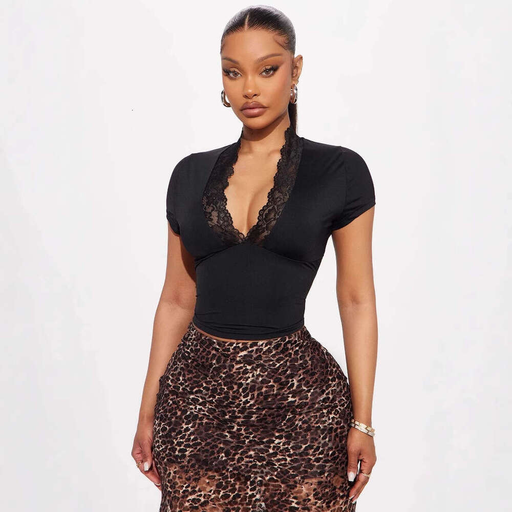 Ins Pure Desire Spicy Girl Lace Patchwork V-Neck Sleeve T-Shirt Mature Temperament Sexy Waist-Cinching Short Top B5