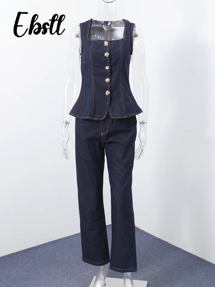 Denim Square Collar Vest Jeans Set Womens Slim Single Breasted Sleeveless Tank Top High Waist Pants 2025 Lady Street Outfit 250616