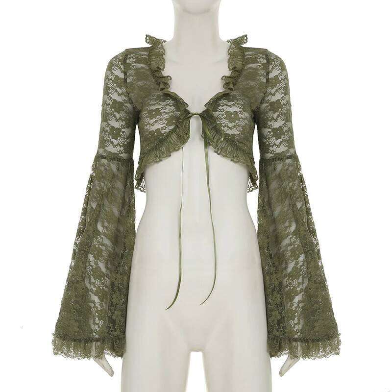 SUCHCUTE Green Y2K Mori Girl Flared Sleeve Cardigan For Women Tie-up Lace Cover-Ups Perspective Ruffes Cropped Shirts Coquette