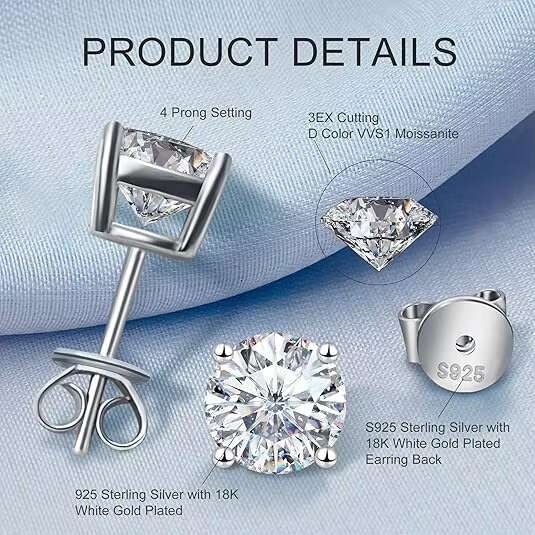 0.1ct-5ct 3-11mm Moissanite Earrings 925 Sterling Silver Gold Plated Studs D Color VVS Diamond for Men Women GRA Luxury Jewelry