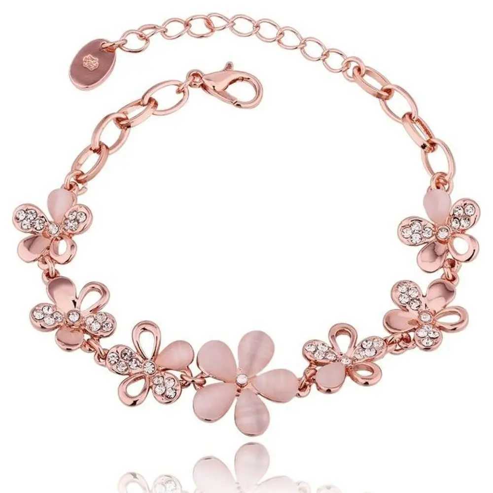 Charming 18K Rose Gold Plated Wen Cats Eye Opal Flower Chain Bracelet Gift For Wen Girl X250625
