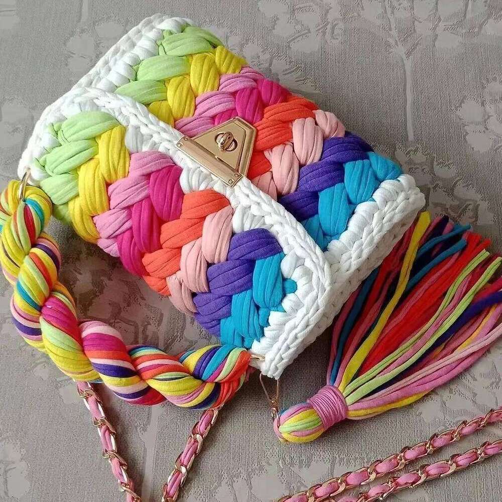 Lady Shoulder Handmade Crochet Woven Bag Fabric Strip Designer Handbag Purses For Women Tote Bags