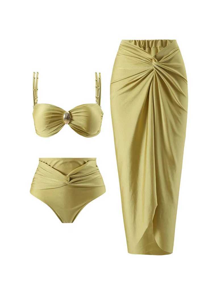 Solid Color Womens Bikinis Trend 2025 Sexy High Waisted Split Swimsuit Elegant Backless Beach Outfit with Cover Up Nylon Skirt XJ250624