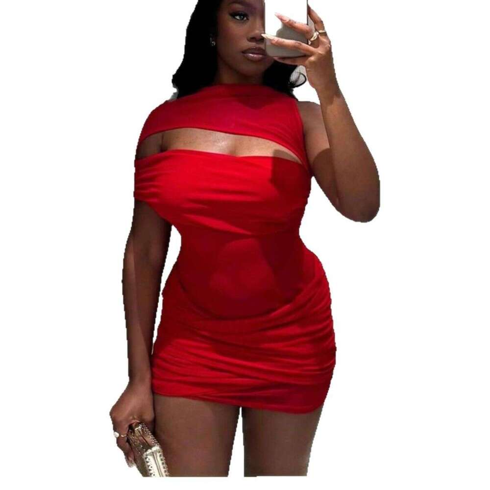 New Women's Fashion Ins Style Solid Color Patchwork Sexy Asymmetric Sleeveless Bodycon Short Dress B5