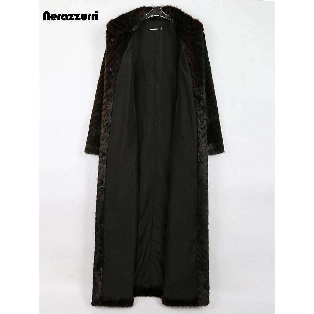 Nerazzurri Winter Extra Long Thick Warm Elegant Striped Fluffy Faux Mink Fur Coat Women Stand Collar Maxi Overcoat 2022