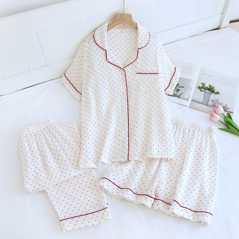 Summer pure cotton small round dot crepe fabric three piece set shorts, breathable and sweat absorbing pants, lapel and age reducing pajamas set