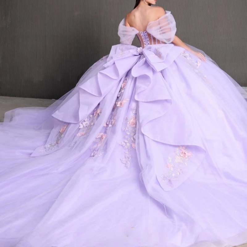 Light Lilac Shiny Quinceanera Dresses Ball Gown Off The Shoulder Applique Lace Beads Tull Corset Sweet 16 Dress Vestidos 15 Anos