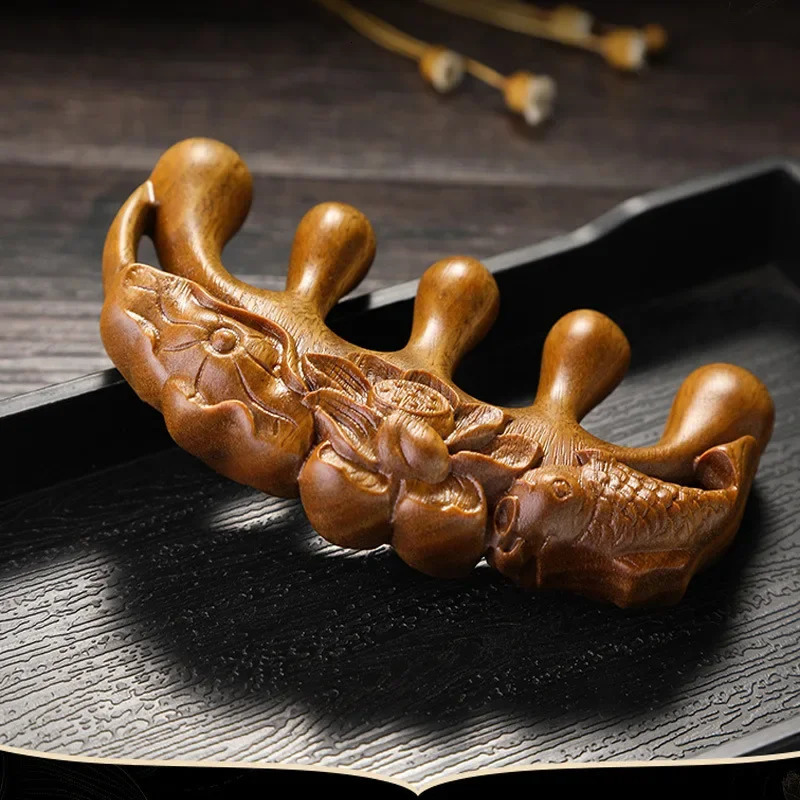 Golden Sandalwood Massage Wooden Comb Head Meridian Comb Health Care Massager Tool Lotus Leaf Fish Massage Comb Head Therapy 250625