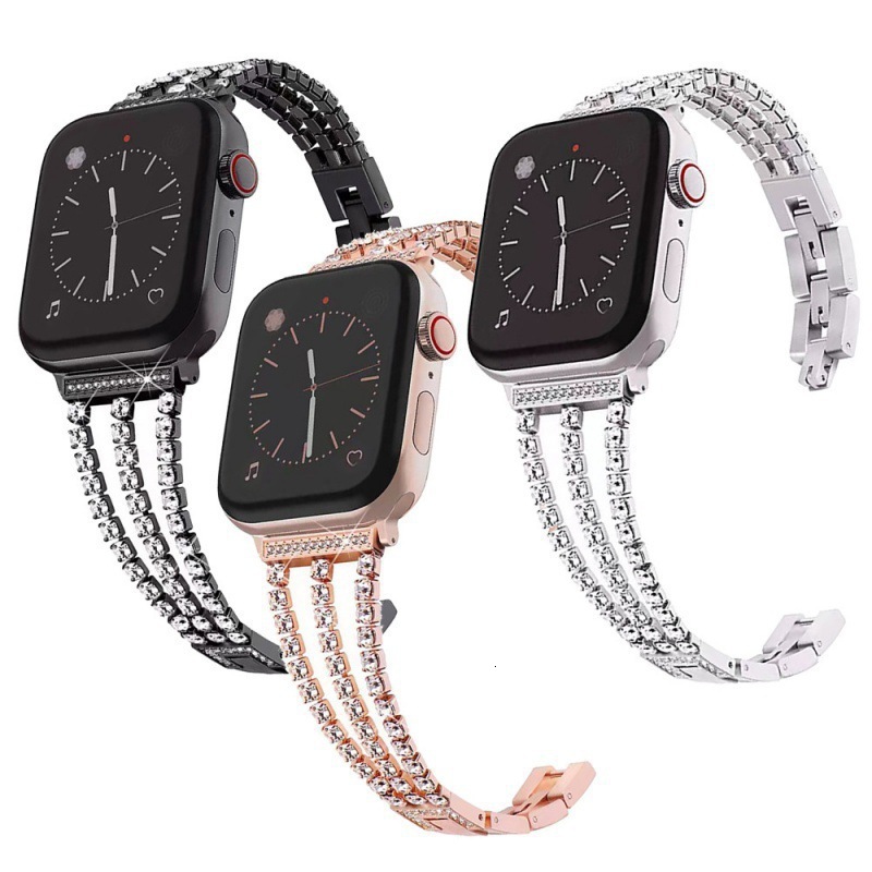 Luxury Three-Row Diamond Inlaid Metal Chain Style Watch Strap for Apple iWatch 4/5/6/7/SE/8