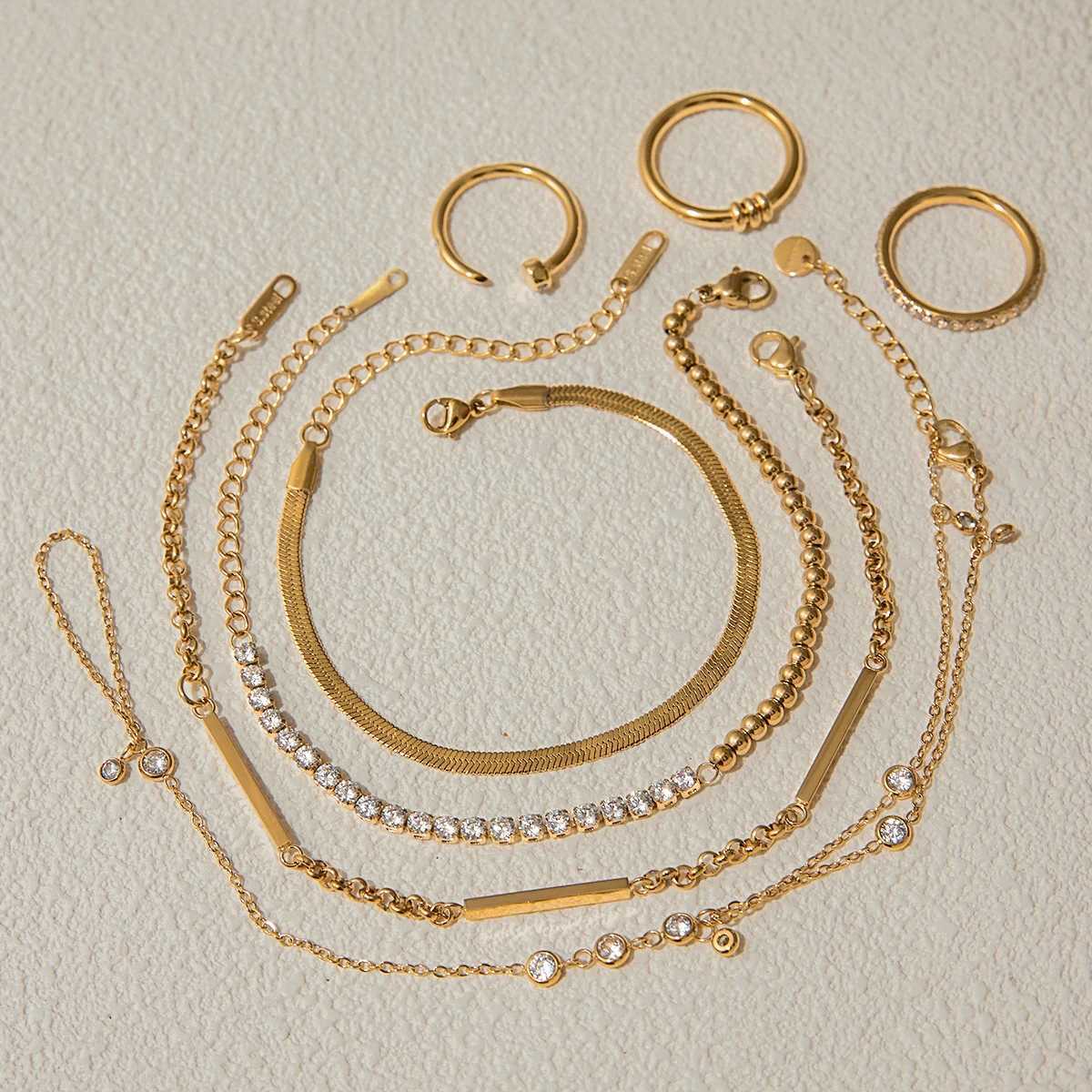 Uworld Fashion 18K Gold Color Stainless Steel Zircon Finger Bracelet Stackable Ring Bracelet Womens Accessories Party Gift X250625