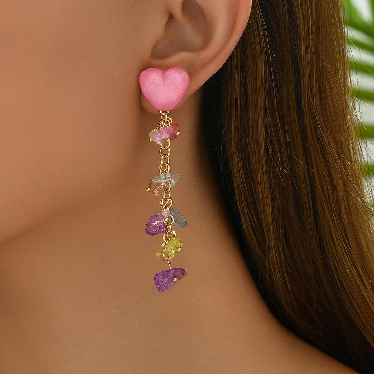 Forest Style Fresh Sweet Japanese And Korean Heart For Women Simple Corful Crystal Inlaid Tassel Stud Earrings