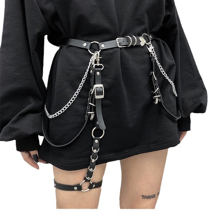 Stage Wear Dance Accessories Waist chain versatile belt punk shoulder strap Harajuku style skirt leather chain leg accessories