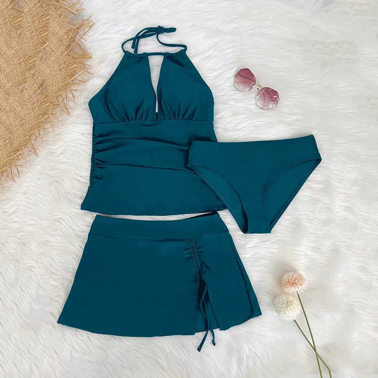 Bikini Womens 3 Piece Bathing Suit Solid Deep V Neck Halter Swimwear Top Solid Color Split Swimsuit Summer Beach Bathers SuitXJ250624