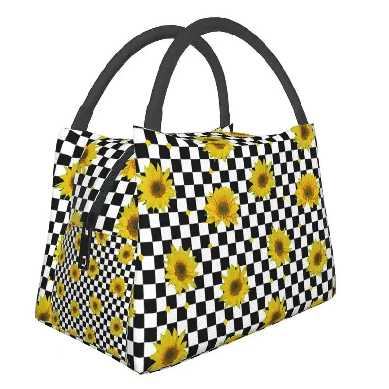 Sunflowers On Checkered Squares Insulated Lunch Bags for Women Beauty Floral Resuable Cooler Thermal Bento Box Hospital Office 250624
