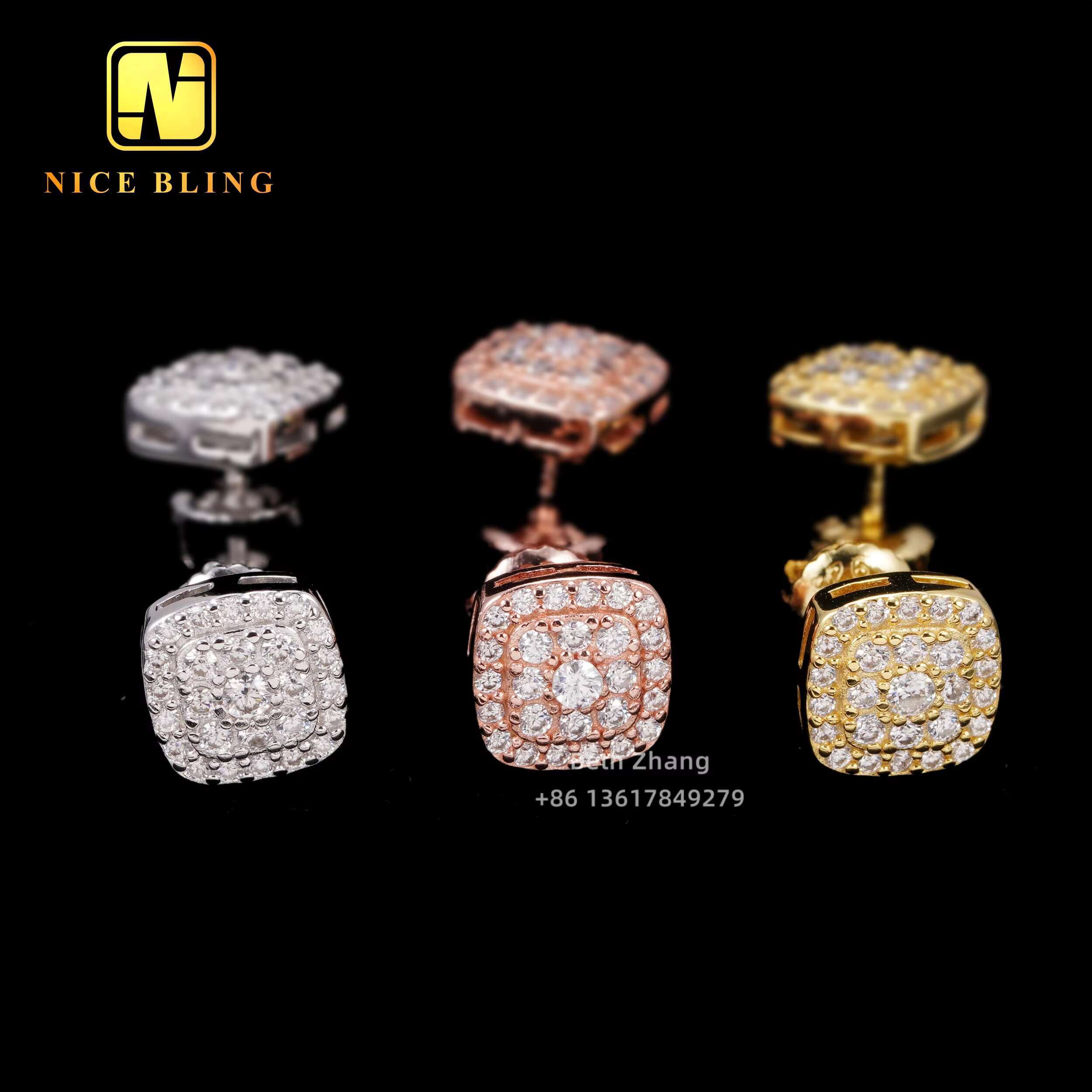 Cluster Earrings Square Shape Ear Studs 925 Sterling Silver Jewelry Hip Hop Men Women VVS Moissanite Diamond Ear Studs