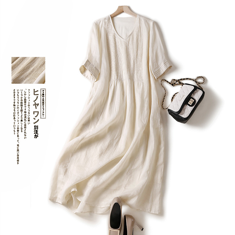 Casual Dresses Plus Size Cotton Linen For Women Spring Summer 3/4 Sleeve White Loose T Shirt Pullover Long