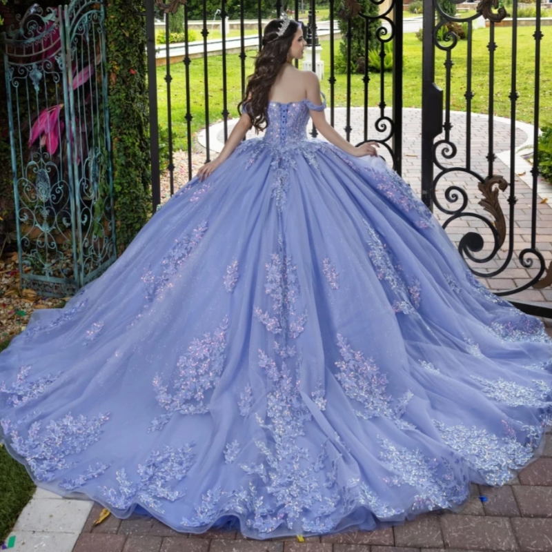 Lavender Princess Quinceanera Dresses Ball Gown Lace Applique Beaded Tull Mexican Sweet 16 Dress Vestido De 15 Anos