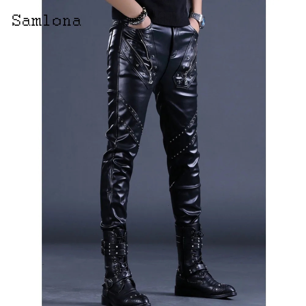 Sexy Zipper Pu Leather Pants Men Streetwear 2025 European Style Fashion Rivets Party Trouser Black Faux pants 250614