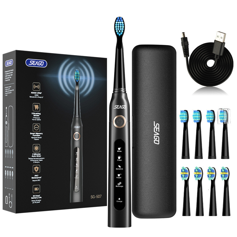 Seago Sonic electric toothbrush has 5 modes for cleaning teeth with 8 replaceable brush heads and a 2-minute timer. It comes with a portable case 2410