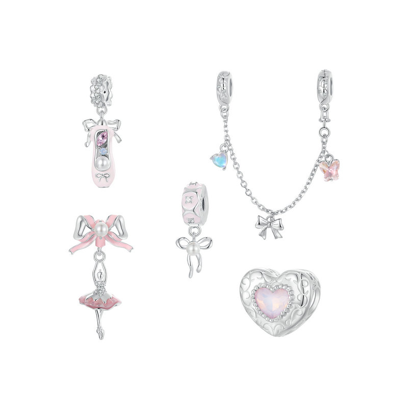 Bamoer 925 Sterling Silver Princess Pink Bear Bead Ballet Girl Charm Shoe Bow Pendant Saftey Chain Fit Bracelet Neckalce DIY Gift