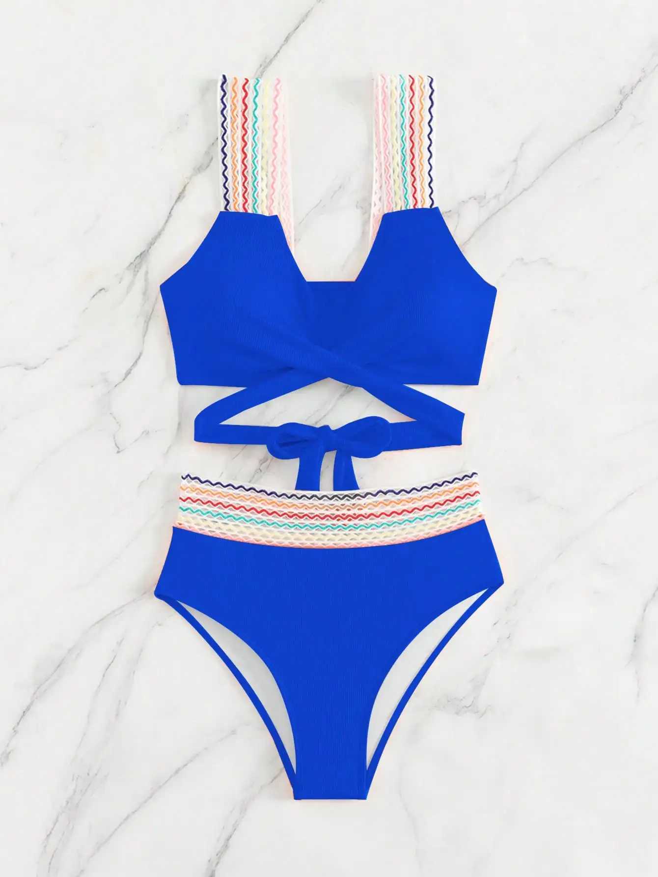 Solid color bikini top with colorful shoulder straps slimming separate high-waisted shorts summer swimwearXJ250624