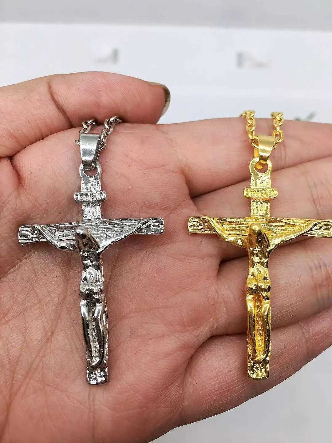 Fashion Crucifix Jesus Christ Men Jewelry Gold Brown Silver Color Metal Cross Pendant With Neck Chain Necklaces For Women V250625