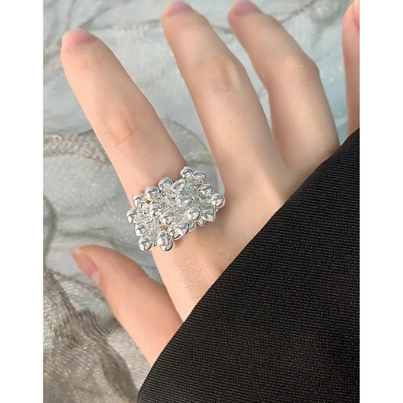 F.I.N.S Korean S925 Sterling Silver Heart Beads Flower Cluster Ring Wide Statement Mid Finger Fine Jewelry Fashion Accessories 250624
